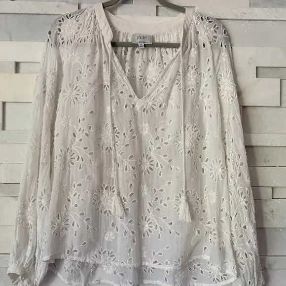 JOHNNY WAS Jade Castillo Silk Cotton Eyelet Tassels Peasant Blouse Top White M - Picture 2 of 6